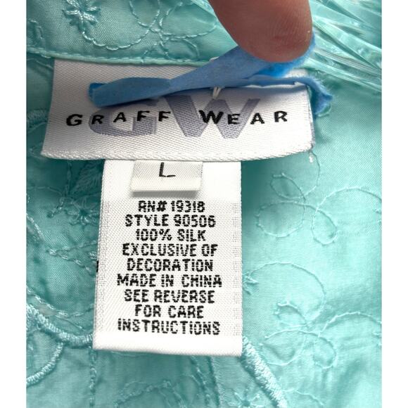 Aqua Blue Silk Blouse Floral Embroidery Long Sleeve Button Up Women's Size L - Picture 3 of 5